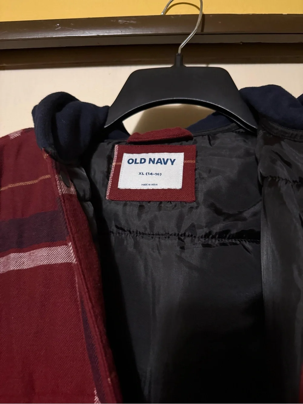 Old Navy Burgundy Plaid Hooded Puffer Jacket with Navy Hood